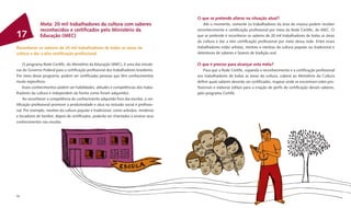 O que se pretende alterar na situação atual?
              Meta: 20 mil trabalhadores da cultura com saberes                            Até o momento, somente os trabalhadores da área de música podem receber
              reconhecidos e certiﬁcados pelo Ministério da                            reconhecimento e certiﬁcação proﬁssional por meio da Rede Certiﬁc, do MEC. O
17            Educação (MEC)                                                           que se pretende é reconhecer os saberes de 20 mil trabalhadores de todas as áreas
                                                                                       da cultura e dar a eles certiﬁcação proﬁssional por meio dessa rede. Entre esses
Reconhecer os saberes de 20 mil trabalhadores de todas as áreas da                     trabalhadores estão artistas, mestres e mestras da cultura popular ou tradicional e
cultura e dar a eles certiﬁcação proﬁssional                                           detentores de saberes e fazeres de tradição oral.

    O programa Rede Certiﬁc, do Ministério da Educação (MEC), é uma das iniciati-      O que é preciso para alcançar esta meta?
vas do Governo Federal para a certiﬁcação proﬁssional dos trabalhadores brasileiros.       Para que a Rede Certiﬁc, expanda o reconhecimento e a certiﬁcação proﬁssional
Por meio desse programa, podem ser certiﬁcadas pessoas que têm conhecimentos           aos trabalhadores de todas as áreas da cultura, caberá ao Ministério da Cultura
muito especíﬁcos.                                                                      deﬁnir quais saberes deverão ser certiﬁcados, mapear onde se encontram estes pro-
    Esses conhecimentos podem ser habilidades, atitudes e competências dos traba-      ﬁssionais e elaborar editais para a criação de perﬁs de certiﬁcação desses saberes,
lhadores da cultura e independem da forma como foram adquiridos.                       pelo programa Certiﬁc.
    Ao reconhecer a competência do conhecimento adquirido fora das escolas, a cer-
tiﬁcação proﬁssional promove a produtividade e atua na inclusão social e proﬁssio-
nal. Por exemplo, mestres da cultura popular e tradicional, como artesãos, rendeiras
e tocadores de tambor, depois de certiﬁcados, poderão ser chamados a ensinar seus
conhecimentos nas escolas.




58
 