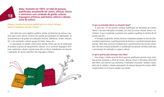 Meta: Aumento em 100% no total de pessoas
              qualiﬁcadas anualmente em cursos, oﬁcinas, fóruns
              e seminários com conteúdo de gestão cultural,
18            linguagens artísticas, patrimônio cultural e demais
              áreas da cultura
Dobrar o número de pessoas qualiﬁcadas em cursos, oﬁcinas,                           O que se pretende alterar na situação atual?
fóruns e seminários na área cultural                                                     A cada ano, 15 mil pessoas recebem qualiﬁcação do Ministério da Cultura
                                                                                     (MinC) e de suas instituições vinculadas, por meio de cursos, oﬁcinas, fóruns e se-
    Esta meta tem como objetivo qualiﬁcar artistas, proﬁssionais da cultura e ges-   minários. O que se pretende é aumentar esse quadro e qualiﬁcar no mínimo 30 mil
tores para a área cultural. Gestores são aqueles que participam da organização, do   pessoas por ano.
funcionamento e da gestão de instituições (museus, bibliotecas, centros culturais,       A formação de gestores, artistas, técnicos e indivíduos atuantes na área da cultu-
etc.) e de associações culturais (grupos de teatro, dança, etc.).                    ra poderá proporcionar o aperfeiçoamento de técnicas e a proﬁssionalização dessas
    A capacitação em gestão cultural deve abordar temas que vão da elaboração        pessoas. Além disso, promove condições para o aprimoramento dos serviços oferta-
de projetos à gestão de equipamentos culturais. Já os cursos de linguagens artís-    dos e dos bens culturais produzidos. A qualiﬁcação das pessoas contribui ainda para
ticas, patrimônio cultural e demais áreas aﬁns à cultura, trabalharão com técnicas   a manutenção de instituições e espaços culturais.
e aplicações dos temas especíﬁcos das linguagens artísticas.
                                                                                     O que é preciso para alcançar esta meta?
                                                                                         Para atingir a média anual de 30 mil pessoas qualiﬁcadas prevista nessa meta,
                                                                                     será preciso aumentar a oferta de cursos, oﬁcinas, fóruns e seminários oferecidos
                                                                                     pelo MinC, por meio de suas secretarias e instituições vinculadas. Também é dese-
                                                                                     jável que os estados e cidades participantes do Sistema Nacional de Cultura (SNC)
                                                                                     comprometam-se em buscar ampliar suas ofertas.




60                                                                                                                                                                       61
 