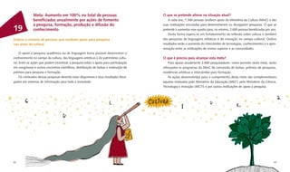 Meta: Aumento em 100% no total de pessoas                                 O que se pretende alterar na situação atual?
              beneﬁciadas anualmente por ações de fomento                                   A cada ano, 1.300 pessoas recebem apoio do Ministério da Cultura (MinC) e das
              à pesquisa, formação, produção e difusão do                               suas instituições vinculadas para desenvolverem ou divulgarem pesquisas. O que se
19            conhecimento                                                              pretende é aumentar esse quadro para, no mínimo, 2.600 pessoas beneﬁciadas por ano.
                                                                                            Desta forma espera-se um fortalecimento da reﬂexão sobre cultura e também
Dobrar o número de pessoas que recebem apoio para pesquisa                              das pesquisas de linguagens artísticas e de inovação no campo cultural. Outros
nas áreas de cultura                                                                    resultados serão o aumento do intercâmbio de tecnologias, conhecimentos e a apro-
                                                                                        ximação entre as instituições de ensino superior e as comunidades.
     O apoio à pesquisa acadêmica ou de linguagem torna possível desenvolver o
conhecimento no campo da cultura, das linguagens artísticas e do patrimônio cultu-      O que é preciso para alcançar esta meta?
ral. Entre as ações que podem incentivar a pesquisa estão o apoio para participação         Para apoiar anualmente 2.600 pesquisadores, como previsto nesta meta, serão
em congressos e outros encontros cientíﬁcos, distribuição de bolsas e instituição de    reforçados os programas do MinC de concessão de bolsas, prêmios de pesquisas,
prêmios para pesquisa e formação.                                                       residências artísticas e intercâmbio para formação.
     Os conteúdos dessas pesquisas deverão estar disponíveis e seus resultados divul-       As ações desenvolvidas para o cumprimento desta meta são complementares
gados em sistemas de informação para toda a sociedade.                                  àquelas realizadas pelo Ministério da Educação (MEC); pelo Ministério da Ciência,
                                                                                        Tecnologia e Inovação (MCTI) e por outras instituições de apoio à pesquisa.




62                                                                                                                                                                       63
 