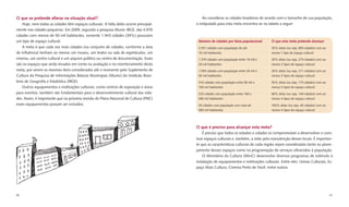 O que se pretende alterar na situação atual?                                               Ao considerar as cidades brasileiras de acordo com o tamanho de sua população,
    Hoje, nem todas as cidades têm espaços culturais. A falta deles ocorre principal-   o estipulado para esta meta encontra-se na tabela a seguir:
mente nas cidades pequenas. Em 2009, segundo a pesquisa Munic-IBGE, das 4.976
cidades com menos de 50 mil habitantes, somente 1.943 cidades (39%) possuíam
um tipo de espaço cultural.                                                              Número de cidades por faixa populacional      O que esta meta pretende alcançar
    A meta é que cada vez mais cidades (ou conjunto de cidades, conforme a área          2.551 cidades com população de até            35% delas (ou seja, 893 cidades) com ao
de inﬂuência) tenham ao menos um museu, um teatro ou sala de espetáculos, um             10 mil habitantes                             menos 1 tipo de espaço cultural
cinema, um centro cultural e um arquivo público ou centro de documentação. Esses         1.370 cidades com população entre 10 mil e    20% delas (ou seja, 274 cidades) com ao
são os espaços que serão levados em conta na avaliação e no monitoramento desta          20 mil habitantes                             menos 2 tipos de espaço cultural
meta, por serem os mesmos itens considerados até o momento pelo Suplemento de            1.055 cidades com população entre 20 mil e    20% delas (ou seja, 211 cidades) com ao
Cultura da Pesquisa de Informações Básicas Municipais (Munic) do Instituto Brasi-        50 mil habitantes                             menos 3 tipos de espaço cultural
leiro de Geograﬁa e Estatística (IBGE).                                                  316 cidades com população entre 50 mil e      55% delas (ou seja, 174 cidades) com ao
    Outros equipamentos e instituições culturais, como centros de exposição e áreas      100 mil habitantes                            menos 3 tipos de espaço cultural
para eventos, também são fundamentais para o desenvolvimento cultural das cida-          233 cidades com população entre 100 e         60% delas (ou seja, 140 cidades) com ao
des. Assim, é importante que na próxima revisão do Plano Nacional de Cultura (PNC)       500 mil habitantes                            menos 4 tipos de espaço cultural
esses equipamentos possam ser incluídos.                                                 40 cidades com população com mais de          100% delas (ou seja, 40 cidades) com ao
                                                                                         500 mil habitantes                            menos 4 tipos de espaço cultural




                                                                                        O que é preciso para alcançar esta meta?
                                                                                            É preciso que todos os estados e cidades se comprometam a desenvolver e cons-
                                                                                        truir espaços culturais e, também, a zelar pela manutenção desses locais. É importan-
                                                                                        te que as características culturais de cada região sejam consideradas tanto no plane-
                                                                                        jamento desses espaços como na programação de serviços oferecidos à população.
                                                                                            O Ministério da Cultura (MinC) desenvolve diversos programas de estímulo à
                                                                                        instalação de equipamentos e instituições culturais. Entre eles: Usinas Culturais, Es-
                                                                                        paço Mais Cultura, Cinema Perto de Você, entre outros.




90                                                                                                                                                                               91
 