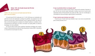 Meta: 10% do Fundo Social do Pré-Sal                                    O que se pretende alterar na situação atual?
50            para a cultura                                                             O Fundo Social foi criado em 2010. Porém, ainda não foi instituído. Pretende-se
                                                                                      que 10% de seus recursos sejam destinados à cultura e que isso se reverta numa
Deﬁnir 10% dos recursos do Fundo Social do Pré-Sal                                    importante fonte de ﬁnanciamento das metas do PNC e leve em consideração a
para a área da cultura                                                                necessidade de desconcentração regional desses investimentos.

    O Fundo Social (FS) foi criado pela Lei nº 12.351/2010 para ser constituído com   O que é preciso para alcançar essa meta?
parte dos recursos de exploração e produção de petróleo. Sua proposta é ser uma          É preciso que o Fundo Social seja instituído e que o seu recurso seja destinado
fonte de recursos para o desenvolvimento social e regional do Brasil. Isso deve ser   para as áreas previstas em lei.
feito na forma de programas e projetos de combate à pobreza e, também, de de-
senvolvimento da educação, da cultura, do esporte, da saúde pública, da ciência e
tecnologia e do meio ambiente.
    Os recursos desse Fundo Social constituem importante estratégia para comple-
mentar o ﬁnanciamento das metas do Plano Nacional de Cultura (PNC) e diversiﬁcar
os mecanismos de promoção da cultura.




130                                                                                                                                                                  131
 