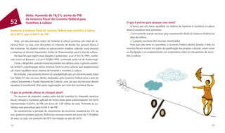 Meta: Aumento de 18,5% acima do PIB
              da renúncia ﬁscal do Governo Federal para
52            incentivo à cultura                                                     O que é preciso para alcançar essa meta?
                                                                                          A busca por um maior equilíbrio no sistema de fomento e incentivo à cultura
Aumentar a renúncia ﬁscal do Governo Federal para incentivo à cultura                 deverá considerar dois aumentos:
de 0,029% para 0,034% do PIB                                                                um aumento real de recursos para investimento direto do Governo Federal na
                                                                                          área da cultura;
    Hoje, um dos principais meios de fomento à cultura acontece por meio de re-             o próprio aumento dos recursos incentivados.
núncia ﬁscal, ou seja, com descontos no Imposto de Renda das pessoas físicas e            Para que esta meta se concretize, o Governo Federal deverá ampliar o teto da
das empresas. Ao doarem verbas ou patrocinarem projetos culturais, essas pessoas      renúncia ﬁscal e investir em ações de qualiﬁcação dos projetos culturais, assim como
e empresas se tornam importantes fontes de ﬁnanciamento para a área da cultura.       na divulgação e no esclarecimento aos empresários sobre os mecanismos de incen-
    Há duas leis que regem essas doações e patrocínios: a Lei nº 8.313/1991, conhe-   tivo à cultura.
cida como Lei Rouanet, e a Lei nº 8.685/1993, conhecida como Lei do Audiovisual.
    Como o Brasil tem crescido economicamente nos últimos anos, é preciso aumen-
tar também a participação dessa renúncia ﬁscal na área cultural, que proporcionará
um maior equilíbrio nesse sistema de fomento e incentivo à cultura.
    No entanto, esse aumento deverá ser acompanhado por um aumento ainda maior
(ver Meta 51) dos recursos diretos destinados pelo Governo Federal para a área da
cultura (orçamento e Fundo Nacional de Cultura), uma vez que tais recursos devem
equalizar o investimento feito pelas organizações por meio dos incentivos ﬁscais.

O que se pretende alterar na situação atual?
   Os recursos de impostos usados pelas leis de incentivo (a chamada renúncia
ﬁscal), retirado o montante aplicado de forma direta pelos patrocinadores, em 2010
representaram 0,029% do PIB, em torno de 1,05 bilhão de reais. Pretende-se au-
mentar esse percentual para 0,034% do PIB.
   Se mantivermos a previsão de crescimento da economia brasileira em 4% ao
ano, podemos projetar que em 2020 esses recursos estarão em torno de 1,79 bilhão
de reais, ou seja, um aumento de 59% em relação ao ano de 2010.

134                                                                                                                                                                    135
 