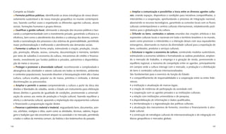 Compete ao Estado:                                                                           Ampliar a comunicação e possibilitar a troca entre os diversos agentes cultu-
    Formular políticas públicas, identiﬁcando as áreas estratégicas de nosso desen-          rais, criando espaços, dispositivos e condições para iniciativas compartilhadas, o
  volvimento sustentável e de nossa inserção geopolítica no mundo contemporâ-                intercâmbio e a cooperação, aprofundando o processo de integração nacional,
  neo, fazendo conﬂuir vozes e respeitando os diferentes agentes culturais, atores           absorvendo os recursos tecnológicos, garantindo as conexões locais com os ﬂuxos
  sociais, formações humanas e grupos étnicos.                                               culturais contemporâneos e centros culturais internacionais, estabelecendo parâ-
    Qualiﬁcar a gestão cultural, otimizando a alocação dos recursos públicos e bus-          metros para a globalização da cultura.
  cando a complementaridade com o investimento privado, garantindo a eﬁcácia e a               Difundir os bens, conteúdos e valores oriundos das criações artísticas e das
  eﬁciência, bem como o atendimento dos direitos e a cobrança dos deveres, aumen-            expressões culturais locais e nacionais em todo o território brasileiro e no mundo,
  tando a racionalização dos processos e dos sistemas de governabilidade, permitindo         assim como promover o intercâmbio e a interação desses com seus equivalentes
  maior proﬁssionalização e melhorando o atendimento das demandas sociais.                   estrangeiros, observando os marcos da diversidade cultural para a exportação de
    Fomentar a cultura de forma ampla, estimulando a criação, produção, circula-             bens, conteúdos, produtos e serviços culturais.
  ção, promoção, difusão, acesso, consumo, documentação e memória, também                      Estruturar e regular a economia da cultura, construindo modelos sustentáveis,
  por meio de subsídios à economia da cultura, mecanismos de crédito e ﬁnancia-              estimulando a economia solidária e formalizando as cadeias produtivas, amplian-
  mento, investimento por fundos públicos e privados, patrocínios e disponibiliza-           do o mercado de trabalho, o emprego e a geração de renda, promovendo o
  ção de meios e recursos.                                                                   equilíbrio regional, a isonomia de competição entre os agentes, principalmente
     Proteger e promover a diversidade cultural, reconhecendo a complexidade e               em campos onde a cultura interage com o mercado, a produção e a distribuição
  abrangência das atividades e valores culturais em todos os territórios, ambientes          de bens e conteúdos culturais internacionalizados.
  e contextos populacionais, buscando dissolver a hierarquização entre alta e baixa          São fundamentais para o exercício da função do Estado:
  cultura, cultura erudita, popular ou de massa, primitiva e civilizada, e demais                                                                                              -
  discriminações ou preconceitos.                                                            rativos;
     Ampliar e permitir o acesso compreendendo a cultura a partir da ótica dos
  direitos e liberdades do cidadão, sendo o Estado um instrumento para efetivação
  desses direitos e garantia de igualdade de condições, promovendo a universali-
  zação do acesso aos meios de produção e fruição cultural, fazendo equilibrar a
  oferta e a demanda cultural, apoiando a implantação dos equipamentos culturais
  e ﬁnanciando a programação regular destes.
    Preservar o patrimônio material e imaterial, resguardando bens, documentos, acer-                                                                                         -
  vos, artefatos, vestígios e sítios, assim como as atividades, técnicas, saberes, lingua-   dade cultural;
  gens e tradições que não encontram amparo na sociedade e no mercado, permitindo
  a todos o cultivo da memória comum, da história e dos testemunhos do passado.              blocos geopolíticos e mercados globais.


168                                                                                                                                                                          169
 