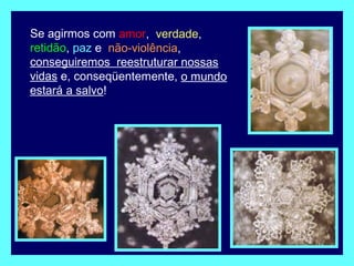 Se agirmos com amor, verdade,
retidão, paz e não-violência,
conseguiremos reestruturar nossas
vidas e, conseqüentemente, o mundo
estará a salvo!
 