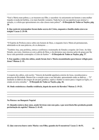 _______________________________________________________________________________________
“José e Maria eram pobres; e, ao trazerem seu filho, o sacerdote viu unicamente um homem e uma mulher
trajados à moda da Galiléia, e no mais humilde vestuário. Nada havia em sua aparência que atraísse' a
atenção, e a oferta que apresentaram era a das classes mais pobres” – O Desejado de Todas as Nações, pág.
36
8. Que notáveis testemunhos foram dados acerca de Cristo, enquanto a família ainda estava no
templo? Lucas 2: 25-38.
_______________________________________________________________________________________
_______________________________________________________________________________________
_______________________________________________________________________________________
“O Espírito de Profecia estava sobre este homem de Deus, e enquanto José e Maria ali permaneciam,
admirando-se de suas palavras, ele os abençoou . . .
"Também Ana, uma profetisa, entrou e confirmou o testemunho de Simeão a respeito. de Cristo. Ao falar
Simeão, seu rosto, iluminou-se com a glória de Deus, e ela derramou suas sinceras ações de graças por lhe
haver sido permitido contemplar o Cristo do Senhor.” – O Desejado de Todas as Nações, pág. 37.
9. Em seguida a visita dos sábios, aonde foram José e Maria encaminhados para buscar refúgio para
Jesus? Mateus 2: 15.
_______________________________________________________________________________________
_______________________________________________________________________________________
_______________________________________________________________________________________
A respeito dos sábios, está escrito: "Através da humilde aparência exterior de Jesus, reconheceram a
presença da Divindade. Deram-Lhe o coração como a seu Salvador, apresentando então as dádivas .... "E"
mediante as dádivas dos magos de um país gentílico, supriu o Senhor os meios para a viagem ao Egito, e a
estada em terra estranha." – O Desejado de Todas as Nações, pág. 44.
10. Onde estabeleceu a família residência, depois da morte de Herodes? Mateus 2: 19-23.
_______________________________________________________________________________________
_______________________________________________________________________________________
_______________________________________________________________________________________
Na Páscoa e no Banquete Nupcial
11. Quando contava doze anos, aonde foi Jesus com seus pais, e que ocorrência lhes produziu grande
perturbação de espírito? Mateus 2: 41-45.
_______________________________________________________________________________________
_______________________________________________________________________________________
_______________________________________________________________________________________
12. Que conversa houve entre Maria e seu Filho, quando ela O encontrou? Lucas 2: 46-51.
46
 