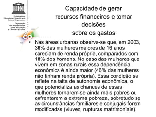 Capacidade de gerar recursos financeiros e tomar decisões sobre os gastos Nas áreas urbanas observa-se que, em 2003, 36% das mulheres maiores de 16 anos careciam de renda própria, comparados com 18% dos homens. No caso das mulheres que vivem em zonas rurais essa dependência econômica é ainda maior (46% das mulheres não tinham renda própria). Essa condição se reflete na falta de autonomia econômica, o que potencializa as chances de essas mulheres tornarem-se ainda mais pobres ou enfrentarem a extrema pobreza, sobretudo se as circunstâncias familiares e conjugais forem modificadas (viuvez, rupturas matrimoniais). 