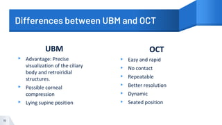 Differences between UBM and OCT
UBM
▸ Advantage: Precise
visualization of the ciliary
body and retroiridial
structures.
▸ Possible corneal
compression
▸ Lying supine position
OCT
▸ Easy and rapid
▸ No contact
▸ Repeatable
▸ Better resolution
▸ Dynamic
▸ Seated position
16
 