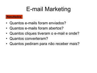 E-mail Marketing Quantos e-mails foram enviados? Quantos e-mails foram abertos? Quantos cliques tiveram o e-mail e onde? Quantos converteram? Quantos pediram para não receber mais? Resultados 