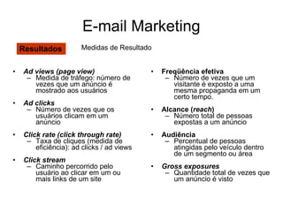 E-mail Marketing Ad views   (page view) Medida de tráfego: número de vezes que um anúncio é mostrado aos usuários Ad clicks Número de vezes que os usuários clicam em um anúncio Click rate   (click through rate) Taxa de cliques (medida de eficiência): ad clicks / ad views Click stream Caminho percorrido pelo usuário ao clicar em um ou mais links de um site Freqüência efetiva Número de vezes que um visitante é exposto a uma mesma propaganda em um certo tempo. Alcance ( reach ) Número total de pessoas expostas a um anúncio Audiência Percentual de pessoas atingidas pelo veículo dentro de um segmento ou área Gross exposures Quantidade total de vezes que um anúncio é visto Resultados Medidas de Resultado 