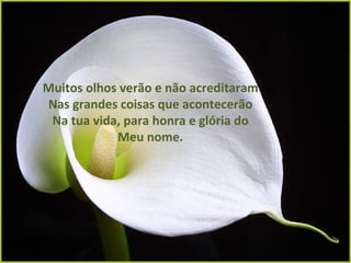 Muitos olhos verão e não acreditaram Nas grandes coisas que acontecerão Na tua vida, para honra e glória do Meu nome. 
