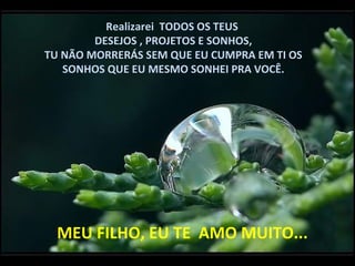 Realizarei  TODOS OS TEUS  DESEJOS , PROJETOS E SONHOS, TU NÃO MORRERÁS SEM QUE EU CUMPRA EM TI OS SONHOS QUE EU MESMO SONHEI PRA VOCÊ. MEU FILHO, EU TE  AMO MUITO... 