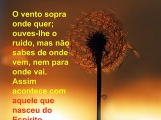 O vento sopra
onde quer;
ouves-lhe o
ruído, mas não
sabes de onde
vem, nem para
onde vai.
Assim
acontece com
aquele que
nasceu do

 
