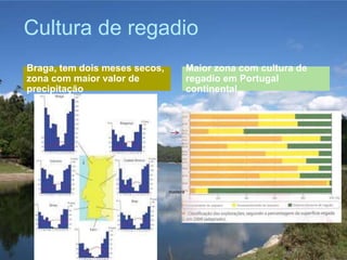 Cultura de regadio
Braga, tem dois meses secos,
zona com maior valor de
precipitação
Maior zona com cultura de
regadio em Portugal
continental
madeira
 