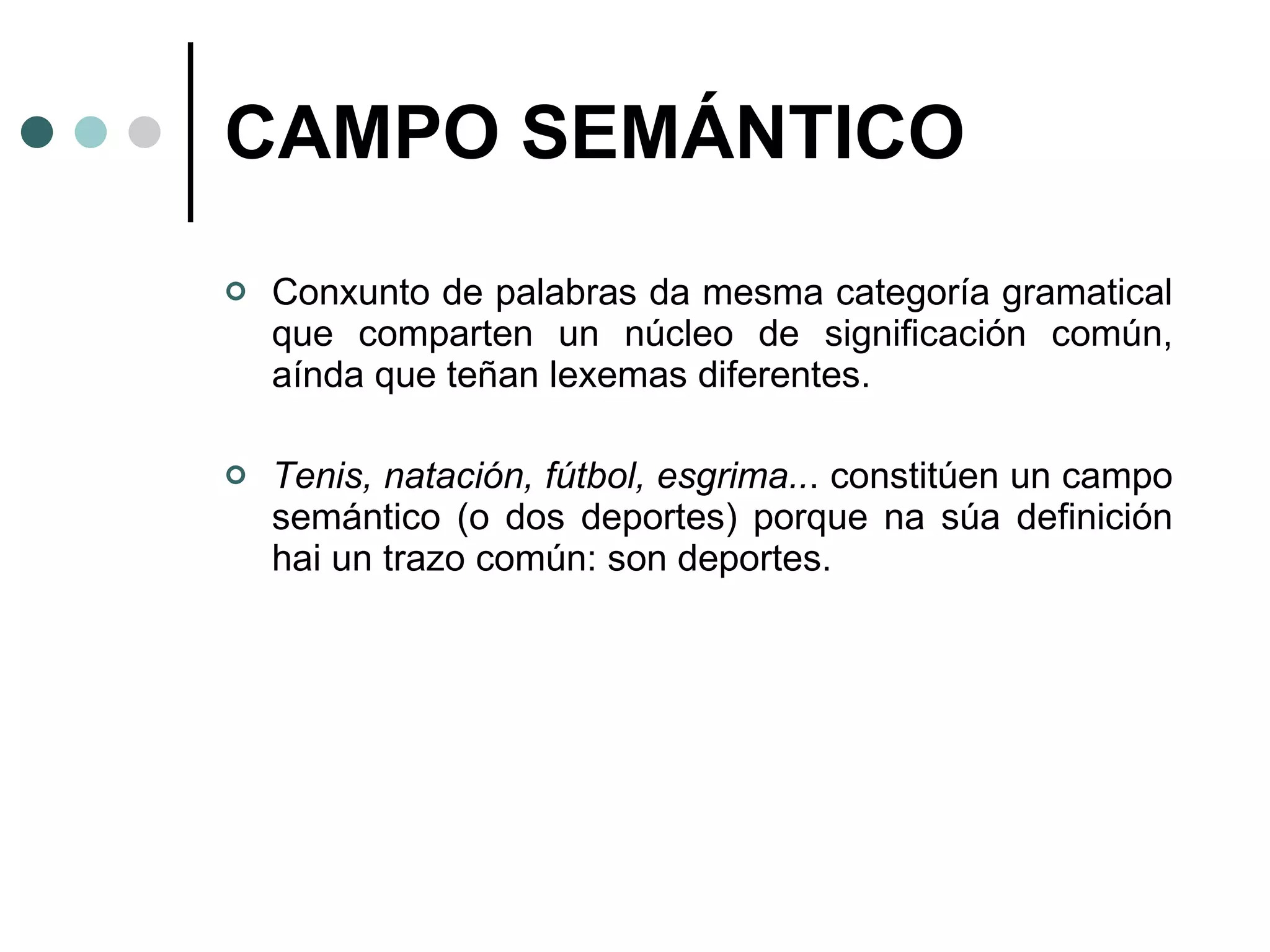 CAMPO SEMÁNTICO   Conxunto de palabras da mesma categoría gramatical que comparten un núcleo de significación común, aínda que teñan lexemas diferentes.  Tenis, natación, fútbol, esgrima.. . constitúen un campo semántico (o dos deportes) porque na súa definición hai un trazo común: son deportes. 