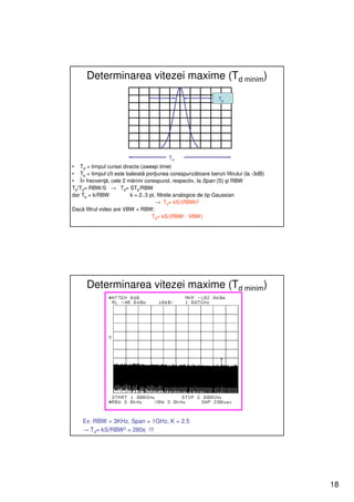 Determinarea vitezei maxime (Td minim)

                                                               Tb




                                          Td
• Td = timpul cursei directe (sweep time)
• Tb = timpul cît este baleiată porţiunea corespunzătoare benzii filtrului (la -3dB)
• În frecvenţă, cele 2 mărimi corespund, respectiv, la Span (S) şi RBW
Tb/Td= RBW/S → Td= STb/RBW
dar Tb = k/RBW           k = 2..3 pt. filtrele analogice de tip Gaussian
                                     → Td= kS/(RBW)2
Dacă filtrul video are VBW < RBW:
                                   Td= kS/(RBW · VBW)




      Determinarea vitezei maxime (Td minim)




    Ex: RBW = 3KHz, Span = 1GHz, K = 2.5
    → Td= kS/RBW 2 = 280s !!!




                                                                                       18
 