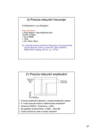 2) Precizia măsurării frecvenţei

     În Datasheet-ul unui AS găsim:

     freq. accuracy =
     ± (freq readout • freq reference error
     +0.25% of Span
     + 5% of RBW
     + 10Hz
     + 0.5 • Horiz. Res.)

     Ex: calculaţi eroarea relativă la măsurarea unei componente
       de frecvenţă de 1GHz cu acest AS, Span=400KHz,
       RBW=3KHz, display=401 pt., εQ= 10-6/an




          2’) Precizia măsurării amplitudinii
           Amplitudine
            absolută                                Amplitudine
              [dB]                                  relativă [dB]
              Amplitudine




                            Frecvenţă


•   Eroarea amplitudinii absolute > eroarea amplitudinii relative
•   F. multe surse de eroare în determinarea amplitudinii
•   Eroarea la 20GHz > Eroarea la < 1GHz
•   De aşteptat: eroarea totală = 0.5dB ... cîţiva dB
•   Costul analizorului este un factor important




                                                                    27
 