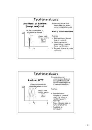 Tipuri de analizoare
Analizorul cu baleiere                            Arhitectură clasică; filtrul
                                                     baleiază pe rînd fiecare
  (swept analyzer)                                   componentă de frecvenţă

    Un filtru este baleiat în
                                                  Numit şi analizor heterodină
A    domeniul de interes

                      Afişajul arată              Avantaje
                      întregul spectru            • Mai rapid pentru domenii
                                                    largi de frecvenţă
                                                  • Singura arhitectură
                                                    disponibilă la frecvenţe
                                                    foarte mari de intrare
        f1    f2                          f
                                                  • Domeniu dinamic de intrare
                                                    mai mare




               Tipuri de analizoare
                                              Arhitectura cea mai
                                                 modernă; depinde direct
      Analizorul FFT                             de disponibilitatea CAN
                                                 de frecvenţă compatibilă
          Toate componentele de                  cu semnalul de intrare
       frecvenţă analizate simultan
A
                                              Avantaje:
                      Afişajul arată
                      întregul spectru
                                              •    Mai rapid pentru
                                                   intervale de frecvenţă
                                                   relativ mai reduse şi
                                                   rezoluţii înguste în
                                                   frecvenţă
       f1     f2                      f       •    Poate măsura şi faza, nu
                                                   numai amplitudinea
                                              •    Posibilităţi de
                                                   demodulare




                                                                                 3
 