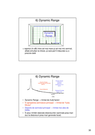6) Dynamic Range



                               Dynamic
                               Dynamic
                                Range
                                Range




= raportul (în dB) între cel mai mare şi cel mai mic semnal,
   aflate simultan la intrare, şi care pot fi măsurate cu o
   precizie dată




               6) Dynamic Range
                                                          Dynamic Range
                       Dynamic Range                          limitat de
                  limitat de zgomotul de fază                 zgomotul
                           dBc/Hz                         analizorului şi cel
                                                                termic


                     Noise Sidebands
                                                          Displayed Average
                                                            Noise Level

                                                100 kHz
                                                  ...
                                                 1 MHz


• Dynamic Range → limitat de mulţi factori
• În apropierea semnalului principal → limitat de “fusta
  filtrului”
• Departe de semnalul principal → limitat mai ales de
  DANL
• În plus: limitări datorate distorsiunilor (semnale prea mari
  duc la distorsiuni prea mari generate local)




                                                                                30
 