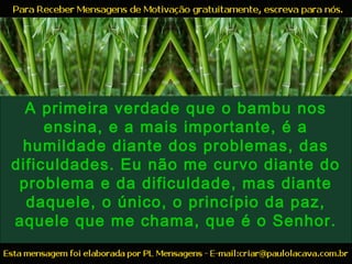 A primeira verdade que o bambu nos
ensina, e a mais importante, é a
humildade diante dos problemas, das
dificuldades. Eu não me curvo diante do
problema e da dificuldade, mas diante
daquele, o único, o princípio da paz,
aquele que me chama, que é o Senhor.
 