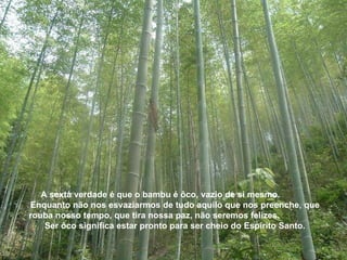 A sexta verdade é que o bambu é ôco, vazio de si mesmo.  Enquanto não nos esvaziarmos de tudo aquilo que nos preenche, que rouba nosso tempo, que tira nossa paz, não seremos felizes.  Ser ôco significa estar pronto para ser cheio do Espírito Santo. 