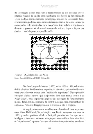 191
as t e c n o l o g i a s n a s pr á t i c a s
p e d a g ó g i c a s i n c l u s i v a s
da intersecção desses anéis tem a representação de um mosaico que se
refere às relações do sujeito com o ambiente e os fatores de personalidade.
Desse modo, o comportamento superdotado consiste na intersecção desses
grupamentos, podendo estas características mostrar-se de forma isolada ou
combinada, e demonstradas com frequência, intensidade e consistência
durante o processo de desenvolvimento do sujeito. Segue a figura que
elucida o modelo proposto por Renzulli:
Figura 1- O Modelo dos Três Anéis
Fonte:  Renzulli (1986 apud ABSD, 2000, p. 14)
No Brasil, segundo Novaes (1977), entre 1929 e 1931, o Instituto
de Psicologia de Recife realizou experiências pioneiras, aplicando diferentes
testes para detectar alunos com “habilidades superiores”. Nesse período,
emergem alguns autores que despontam com suas teorias como a de
Piaget (1936), onde se propõe a explicar que as origens do funcionamento
mental dependem não somente da contribuição genética, mas também do
ambiente. Portanto, Piaget privilegia o processo e não o produto.
A inquietação com o atendimento educacional para as pessoas
com Altas Habilidade/Superdotação, no Brasil, começou no ano de
1929, quando a professora Helena Antipoff, pesquisadora dos aspectos da
inteligência humana, chamava a atenção para a necessidade de se identificar
os “superdotados” e prestar “serviços educacionais especializados aos alunos
 