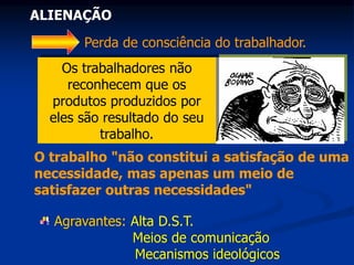 ALIENAÇÃO
Perda de consciência do trabalhador.
Os trabalhadores não
reconhecem que os
produtos produzidos por
eles são resultado do seu
trabalho.
O trabalho "não constitui a satisfação de uma
necessidade, mas apenas um meio de
satisfazer outras necessidades"
Agravantes: Alta D.S.T.
Meios de comunicação
Mecanismos ideológicos
 