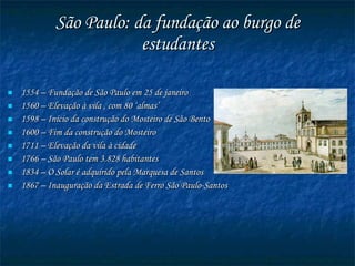 São Paulo: da fundação ao burgo de estudantes 1554 – Fundação de São Paulo em 25 de janeiro 1560 – Elevação à vila , com 80 ‘almas’ 1598 – Início da construção do Mosteiro de São Bento 1600 – Fim da construção do Mosteiro 1711 – Elevação da vila à cidade 1766 – São Paulo tem 3.828 habitantes 1834 – O Solar é adquirido pela Marquesa de Santos 1867 – Inauguração da Estrada de Ferro São Paulo-Santos 