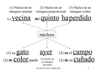 (4) Núcleo de un sintagma adverbial (2)  de  su  cuñado La  vecina núcleos de l  quinto (1) Núcleo de un sintagma nominal (2) Núcleo de un sintagma preposicional ha   perdido (3) Núcleo de un sintagma verbal (1) su  gato (2)  de   color  pardo ayer (2)  en  el  campo 