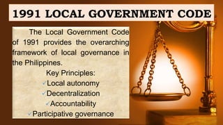 1991 LOCAL GOVERNMENT CODE
The Local Government Code
of 1991 provides the overarching
framework of local governance in
the Philippines.
Key Principles:
Local autonomy
Decentralization
Accountability
Participative governance
 