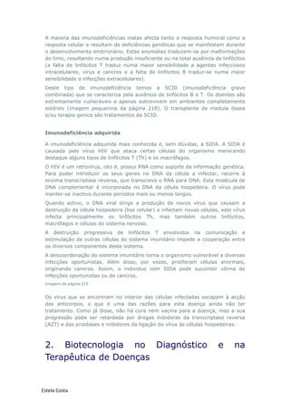 Estela Costa
A maioria das imunodeficiências inatas afecta tanto a resposta humoral como a
resposta celular e resultam de deficiências genéticas que se manifestam durante
o desenvolvimento embrionário. Estas anomalias traduzem-se por malformações
do timo, resultando numa produção insuficiente ou na total ausência de linfócitos
(a falta de linfócitos T traduz numa maior sensibilidade a agentes infecciosos
intracelulares, vírus e cancros e a falta de linfócitos B traduz-se numa maior
sensibilidade a infecções extracelulares).
Deste tipo de imunodeficiência temos a SCID (imunodeficiência grave
combinada) que se caracteriza pela ausência de linfócitos B e T. Os doentes são
extremamente vulneráveis e apenas sobrevivem em ambientes completamente
estéreis (imagem pequenina da página 218). O transplante de medula óssea
e/ou terapia genica são tratamentos da SCID.
Imunodeficiência adquirida
A imunodeficiência adquirida mais conhecida é, sem dúvidas, a SIDA. A SIDA é
causada pelo vírus HIV que ataca certas células do organismo merecendo
destaque alguns tipos de linfócitos T (Th) e os macrófagos.
O HIV é um retrovírus, isto é, possui RNA como suporte da informação genética.
Para poder introduzir os seus genes no DNA da célula a infectar, recorre à
enzima transcriptase reversa, que transcreve o RNA para DNA. Esta molécula de
DNA complementar é incorporada no DNA da célula hospedeira. O vírus pode
manter-se inactivo durante períodos mais ou menos longos.
Quando activo, o DNA viral dirige a produção de novos vírus que causam a
destruição da célula hospedeira (lise celular) e infectam novas células, este vírus
infecta principalmente os linfócitos Th, mas também outros linfócitos,
macrófagos e células do sistema nervoso.
A destruição progressiva de linfócitos T envolvidos na comunicação e
estimulação de outras células do sistema imunitário impede a cooperação entre
os diversos componentes deste sistema.
A descoordenação do sistema imunitário torna o organismo vulnerável a diversas
infecções oportunistas. Além disso, por vezes, proliferam células anormais,
originando cancros. Assim, o individuo com SIDA pode sucumbir vítima de
infecções oportunistas ou de cancros.
Imagem da página 219
Os vírus que se encontram no interior das células infectadas escapam à acção
dos anticorpos, o que é uma das razões para esta doença ainda não ter
tratamento. Como já disse, não há cura nem vacina para a doença, mas a sua
progressão pode ser retardada por drogas inibidoras da transcriptase reversa
(AZT) e das protéases e inibidores da ligação do vírus às células hospedeiras.
2. Biotecnologia no Diagnóstico e na
Terapêutica de Doenças
 