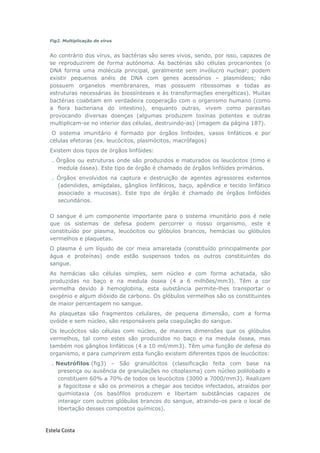 Estela Costa
Fig2. Multiplicação de vírus
Ao contrário dos vírus, as bactérias são seres vivos, sendo, por isso, capazes de
se reproduzirem de forma autónoma. As bactérias são células procariontes (o
DNA forma uma molécula principal, geralmente sem invólucro nuclear; podem
existir pequenos anéis de DNA com genes acessórios – plasmídeos; não
possuem organelos membranares, mas possuem ribossomas e todas as
estruturas necessárias às biossínteses e às transformações energéticas). Muitas
bactérias coabitam em verdadeira cooperação com o organismo humano (como
a flora bacteriana do intestino), enquanto outras, vivem como parasitas
provocando diversas doenças (algumas produzem toxinas potentes e outras
multiplicam-se no interior das células, destruindo-as) (imagem da página 187).
O sistema imunitário é formado por órgãos linfoides, vasos linfáticos e por
células efetoras (ex. leucócitos, plasmócitos, macrófagos)
Existem dois tipos de órgãos linfóides:
. Órgãos ou estruturas onde são produzidos e maturados os leucócitos (timo e
medula óssea). Este tipo de órgão é chamado de órgãos linfóides primários.
. Órgãos envolvidos na captura e destruição de agentes agressores externos
(adenóides, amígdalas, gânglios linfáticos, baço, apêndice e tecido linfático
associado a mucosas). Este tipo de órgão é chamado de órgãos linfóides
secundários.
O sangue é um componente importante para o sistema imunitário pois é nele
que os sistemas de defesa podem percorrer o nosso organismo, este é
constituído por plasma, leucócitos ou glóbulos brancos, hemácias ou glóbulos
vermelhos e plaquetas.
O plasma é um líquido de cor meia amarelada (constituído principalmente por
água e proteínas) onde estão suspensos todos os outros constituintes do
sangue.
As hemácias são células simples, sem núcleo e com forma achatada, são
produzidas no baço e na medula óssea (4 a 6 milhões/mm3). Têm a cor
vermelha devido à hemoglobina, esta substância permite-lhes transportar o
oxigénio e algum dióxido de carbono. Os glóbulos vermelhos são os constituintes
de maior percentagem no sangue.
As plaquetas são fragmentos celulares, de pequena dimensão, com a forma
ovóide e sem núcleo, são responsáveis pela coagulação do sangue.
Os leucócitos são células com núcleo, de maiores dimensões que os glóbulos
vermelhos, tal como estes são produzidos no baço e na medula óssea, mas
também nos gânglios linfáticos (4 a 10 mil/mm3). Têm uma função de defesa do
organismo, e para cumprirem esta função existem diferentes tipos de leucócitos:
. Neutrófilos (fig3) – São granulócitos (classificação feita com base na
presença ou ausência de granulações no citoplasma) com núcleo polilobado e
constituem 60% a 70% de todos os leucócitos (3000 a 7000/mm3). Realizam
a fagocitose e são os primeiros a chegar aos tecidos infectados, atraídos por
quimiotaxia (os basófilos produzem e libertam substâncias capazes de
interagir com outros glóbulos brancos do sangue, atraindo-os para o local de
libertação desses compostos químicos).
 