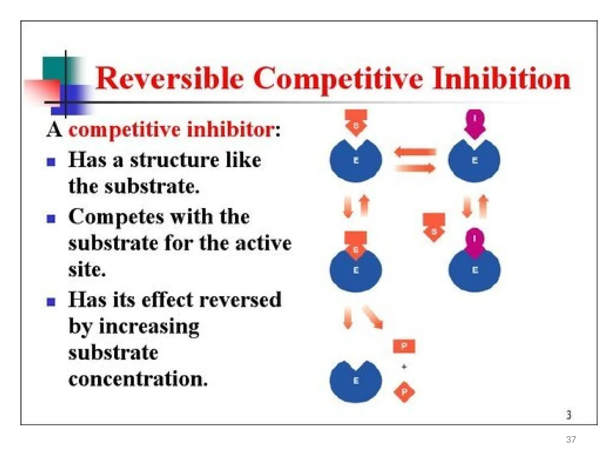 Enzyme Inhibitors
• Competive - mimic substrate, may block active site, but may dislodge it.
37
 