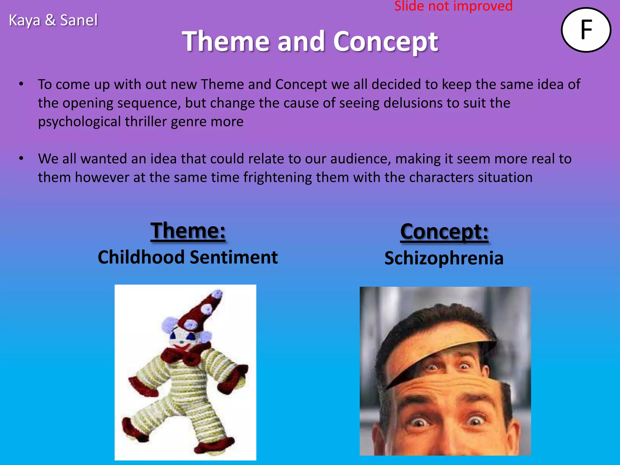 Slide not improved
Kaya & Sanel
                          Theme and Concept                                               F
 • To come up with out new Theme and Concept we all decided to keep the same idea of
   the opening sequence, but change the cause of seeing delusions to suit the
   psychological thriller genre more

 • We all wanted an idea that could relate to our audience, making it seem more real to
   them however at the same time frightening them with the characters situation


                     Theme:                                 Concept:
             Childhood Sentiment                         Schizophrenia
 