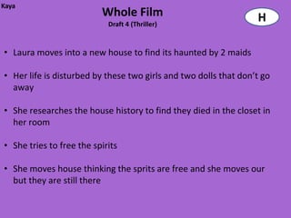 Kaya
                          Whole Film                              H
                            Draft 4 (Thriller)


• Laura moves into a new house to find its haunted by 2 maids

• Her life is disturbed by these two girls and two dolls that don’t go
  away

• She researches the house history to find they died in the closet in
  her room

• She tries to free the spirits

• She moves house thinking the sprits are free and she moves our
  but they are still there
 