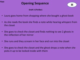 Kaya
                   Opening Sequence                               H
                          Draft 3 (Thriller)


 • Laura goes home from shopping where she bought a ghost book

 • As she reads the book she finds a note while hearing whispers from
   the closet

 • She goes to check the closet and finds nothing to see 2 ghosts in
   the reflection of her mirror

 • She runs and they scream in her face and run into the closet

 • She goes to check the closet and the ghost drops a note when she
   picks it up to be locked inside with them
 