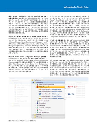 仮想、従来型、モバイルアプリケーションポートフォリオで
の集中管理およびレポート – AdminStudio により、すぐに使
えるダッシュボード、カスタマイズ可能なレポート、グラ
フ、ゲージへのアプリケーション対応の詳細情報が提供さ
れます。これらにより、高レベルの統計を含む、アプリケー
ションマネージャのあらゆる様相がレポートされます。アプ
リケーションの集中管理により、アプリケーションのグルー
プ分けが可能になり、さまざまなパッケージの種類とその対
応状態が各アプリケーションの下で表示され、適切な展開技
術を簡単に選択できます。
一 流 の ソ フ ト ウ ェ ア の 展 開 に よ る 最 適 な 統 合 ツ ー ル  –
AdminStudio はベンダー中立のパッケージングソリュー
ションです。これにより、一流のソフトウェア展開ツール
（Microsoft System Center Configuration Manager、Novell®
ZENworks®
、LANDesk®
Management Suite、BMC®
Configuration
Management (Marimba)、Symantec®
Altirisなど）すべてが、自
動的に受け渡しされます。これにより手動での取り組みが解消
され、生産性が上がり、コストが削減されます。さらに、ビジ
ネス環境の変化に適合するように展開ツールを変更する柔軟性
が得られます。
Microsoft System Center Configuration Manager との統合 –
AdminStudio はタイトな統合と豊富な機能を提供し、こ
れによって Microsoft System Center 2012 Configuration
Manager およびその新しい展開モデルへの移行を加速し
ます。AdminStudio は、System Center 2012 Configuration
Manager でアプリケーションを作成する前に、システム要
件、検出方法、.NET などの他のアプリケーションへの依存性
などのパッケージエレメントを検索することによって、アプ
リケーションメタデータを収集します。
アプリケーションモデルエレメントを編集および変更する
こともできます。このソリューションは、MSI、Microsoft
App-V™
、InstallScript、カスタムインストーラをサポートし
ます。インポートする前に、互換性テストによって展開モデ
ルに移行する最適な候補を特定します。一括インポートによ
り、エラーを発生しがちな、一度に 1 つのアプリケーション
を手動でインポートする作業が解消されます。AdminStudio
は、アプリケーションを Configurat on Manager 2012 に発
行する機能、および既存の形式のパッケージを Configuration
Manager 2007 に発行する機能をサポートします。両方
のモデルに対するサポートにより、組織に最適なペースで 
Configuration Manager 2012 へ移行することができます。
パッケージの編集とオーサリング – AdminStudio は、拡張
MSI パッケージのカスタマイズおよびオーサリング用に、
世界最高の MSI オーサリングおよび編集のツールである
InstallShield 2013 の最新バージョンを装備しています。MSI
インストール、仮想プロファイル、パッチ、変換を作成およ
び編集できます。AdminStudio Enterprise Edition には、複数
のアプリケーションソフトウェアのインストールの設定を単
純化して、展開問題を解消し、アプリケーションスイートの
サポートコストを低減するために、InstallShield 2013 Premier
が含まれています。
ISO 19770-2 ソフトウェアのタグ付け – AdminStudio は、既存
のアプリケーションカタログを AdminStudio にアップグレー
ドする際に、ISO 19770-2 準拠のタグファイルをパッケージ
に自動的に追加し、アプリケーションを再パッケージングす
るか、パッケージをそのアプリケーションマネージャにイン
ポートすることができます。タグ付けは、高信頼度のアプリ
ケーションインベントリを作成するための正確な記述的情報
を提供します。これにより、ソフトウェアの資産管理が強化
され、ライセンスの最適化が可能になります。
AdminStudio Studio Suite
図 3：AdminStudio アプリケーション集中モデル
 