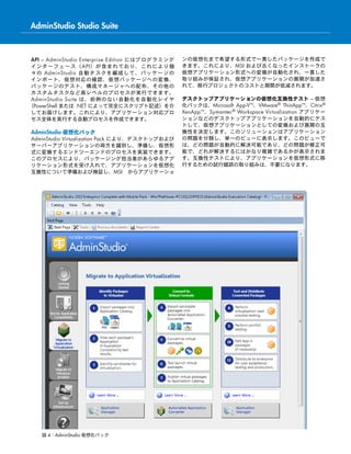 API – AdminStudio Enterprise Edition にはプログラミング
インターフェース（API）が含まれており、これにより個
々の AdminStudio 自動タスクを編成して、パッケージの
インポート、仮想対応の確認、仮想パッケージへの変換、
パッケージのテスト、構成マネージャへの配布、その他の
カスタムタスクなど高レベルのプロセスが実行できます。
AdminStudio Suite は、前例のない自動化を自動化レイヤ
（PowerShell または .NET によって完全にスクリプト記述）を介
してお届けします。これにより、アプリケーション対応プロ
セス全体を実行する自動プロセスを作成できます。
AdminStudio 仮想化パック
AdminStudio Virtualization Pack により、デスクトップおよび
サーバーアプリケーションの両方を識別し、準備し、仮想形
式に変換するエンドツーエンドのプロセスを実装できます。
このプロセスにより、パッケージング担当者があらゆるアプ
リケーション形式を受け入れて、アプリケーションを仮想化
互換性について準備および検証し、MSI からアプリケーショ
ンの仮想化まで希望する形式で一貫したパッケージを作成で
きます。これにより、MSI および古くなったインストーラの
仮想アプリケーション形式への変換が自動化され、一貫した
取り組みが保証され、仮想アプリケーションの展開が加速さ
れて、移行プロジェクトのコストと期間が低減されます。
デスクトップアプリケーションの仮想化互換性テスト – 仮想
化パックは、Microsoft App-V™、VMware® ThinApp™、Citrix®
XenApp™、Symantec® Workspace Virtualization アプリケー
ションなどのデスクトップアプリケーションを自動的にテス
トして、仮想アプリケーションとしての変換および展開の互
換性を決定します。このソリューションはアプリケーション
の問題を分類し、単一のビューに表示します。このビューで
は、どの問題が自動的に解決可能であり、どの問題が修正可
能で、どれが解決するにはかなり複雑であるかが表示されま
す。互換性テストにより、アプリケーションを仮想形式に移
行するための試行錯誤の取り組みは、不要になります。
図 4：AdminStudio 仮想化パック
AdminStudio Studio Suite
 