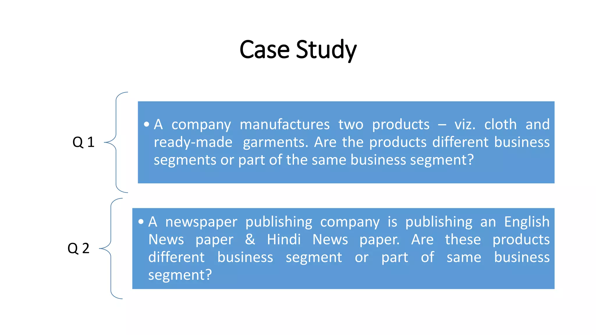 Case Study 
Q 1 
• A company manufactures two products – viz. cloth and 
ready-made garments. Are the products different business 
segments or part of the same business segment? 
Q 2 
• A newspaper publishing company is publishing an English 
News paper & Hindi News paper. Are these products 
different business segment or part of same business 
segment? 
 