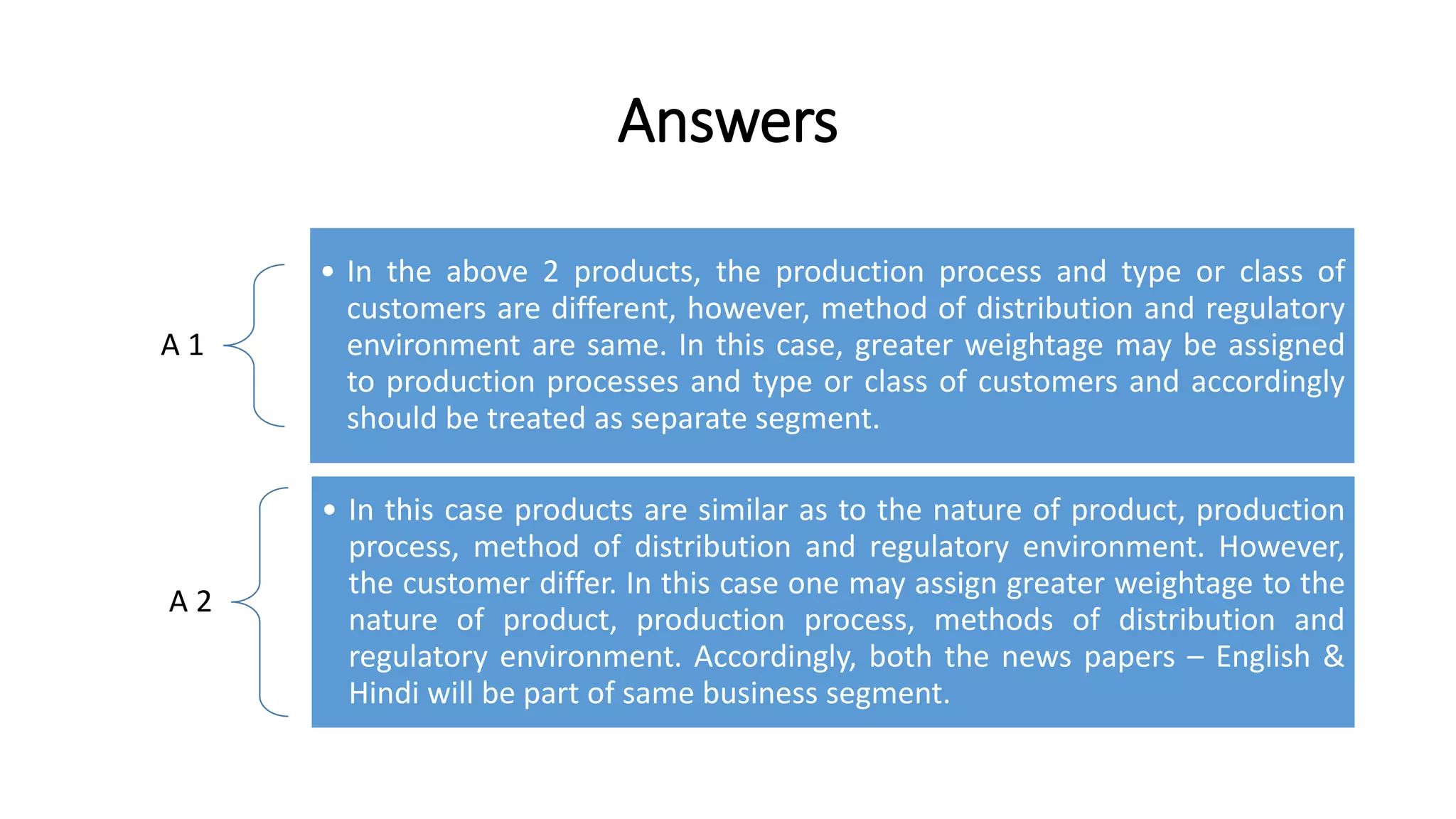 Answers 
A 1 
• In the above 2 products, the production process and type or class of 
customers are different, however, method of distribution and regulatory 
environment are same. In this case, greater weightage may be assigned 
to production processes and type or class of customers and accordingly 
should be treated as separate segment. 
A 2 
• In this case products are similar as to the nature of product, production 
process, method of distribution and regulatory environment. However, 
the customer differ. In this case one may assign greater weightage to the 
nature of product, production process, methods of distribution and 
regulatory environment. Accordingly, both the news papers – English & 
Hindi will be part of same business segment. 
 
