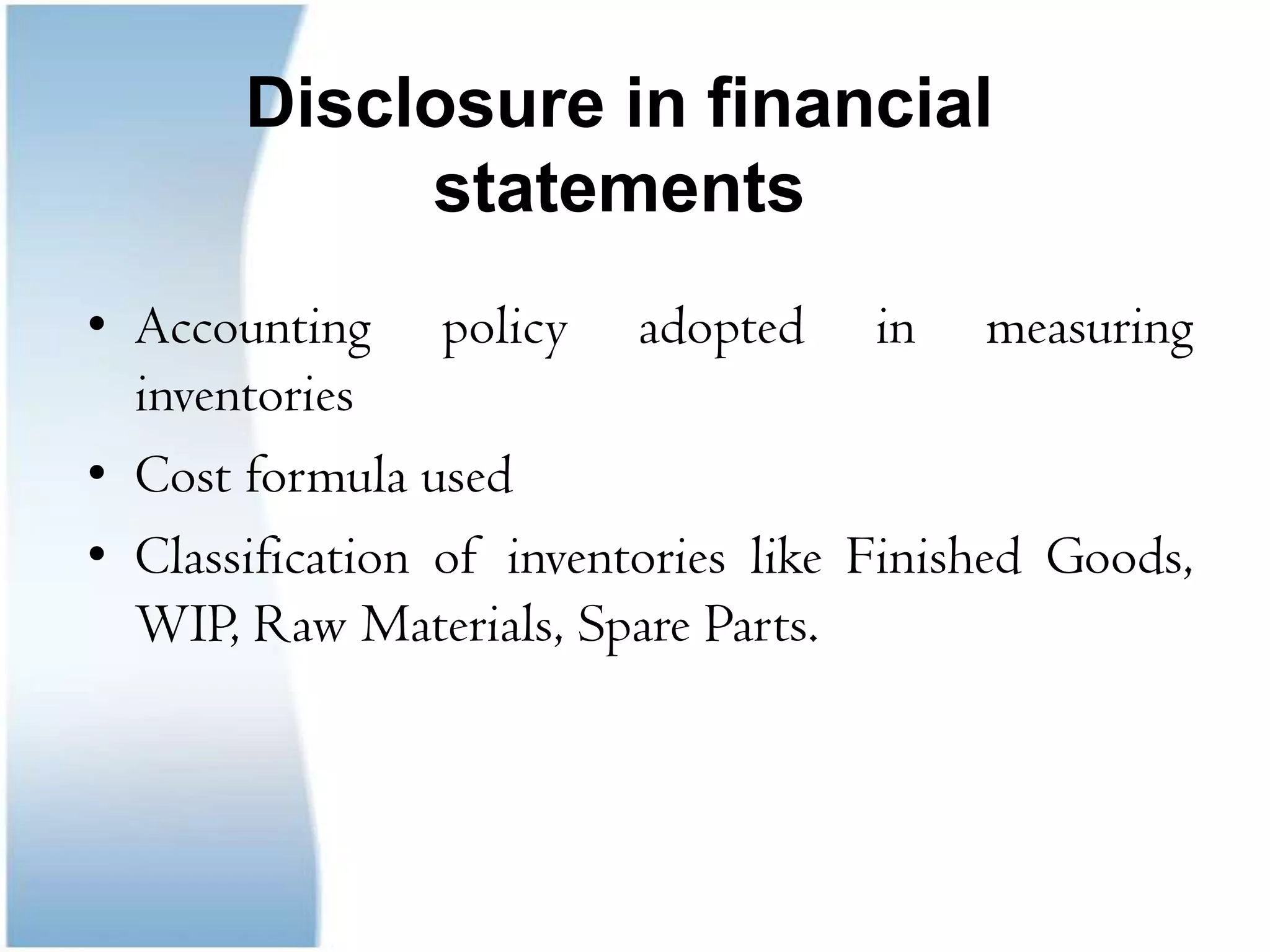 Last-in, First-out(LIFO)This method assumes that the last unit acquired are the first unit soldThe cost of the units in the ending inventory is that of the earliest purchases The chief advantage of LIFO is that balance sheet value of inventories may be outdated and unrealistic 