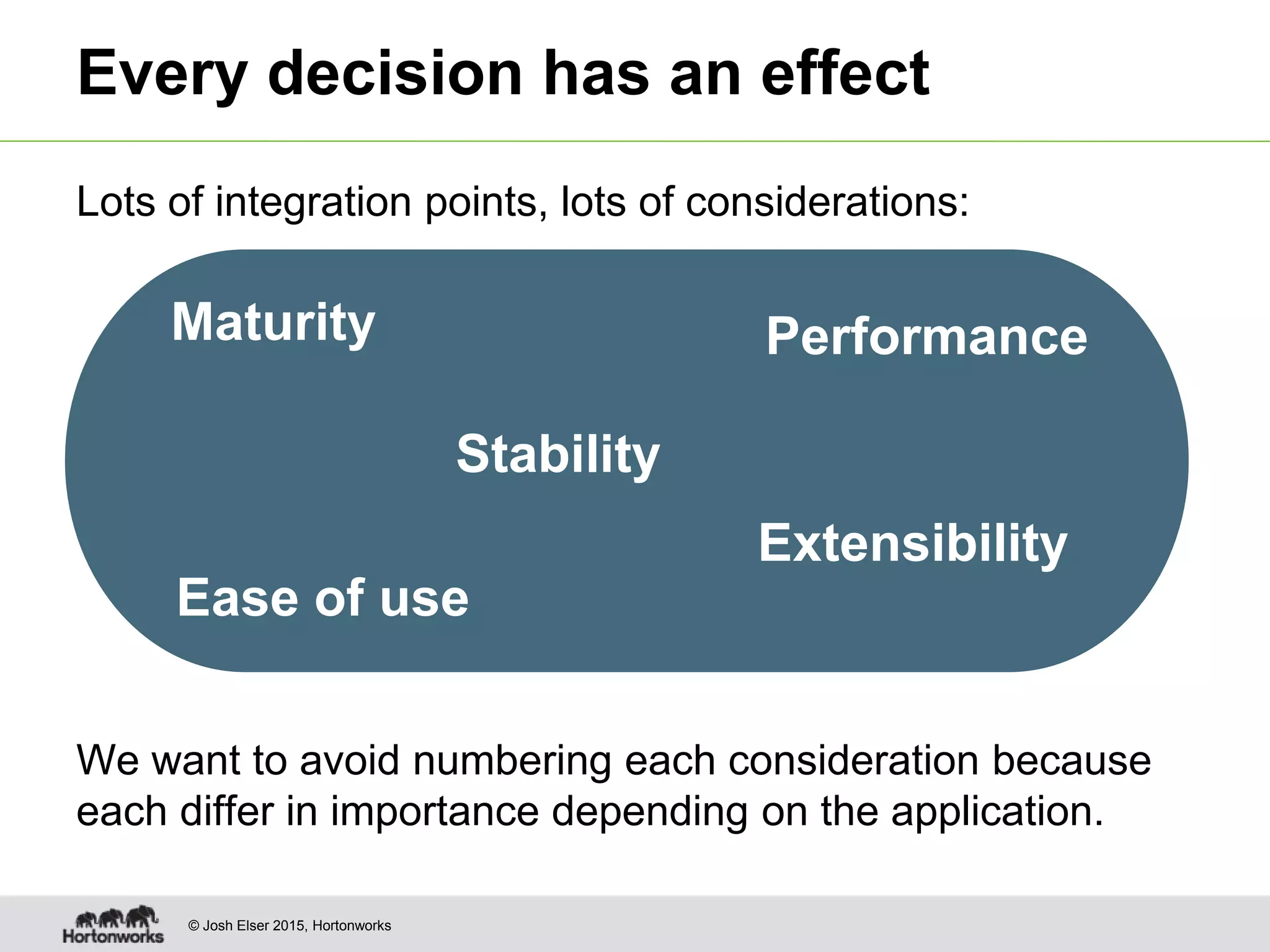 © Josh Elser 2015, Hortonworks Lots of integration points, lots of considerations: We want to avoid numbering each consideration because each differ in importance depending on the application. Every decision has an effect Maturity Stability Performance Extensibility Ease of use 