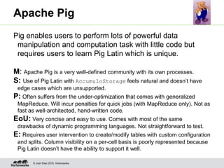 © Josh Elser 2015, Hortonworks
Apache Pig
Pig enables users to perform lots of powerful data
manipulation and computation task with little code but
requires users to learn Pig Latin which is unique.
M: Apache Pig is a very well-defined community with its own processes.
S: Use of Pig Latin with AccumuloStorage feels natural and doesn’t have
edge cases which are unsupported.
P: Often suffers from the under-optimization that comes with generalized
MapReduce. Will incur penalties for quick jobs (with MapReduce only). Not as
fast as well-architected, hand-written code.
EoU: Very concise and easy to use. Comes with most of the same
drawbacks of dynamic programming languages. Not straightforward to test.
E: Requires user intervention to create/modify tables with custom configuration
and splits. Column visibility on a per-cell basis is poorly represented because
Pig Latin doesn’t have the ability to support it well.
 