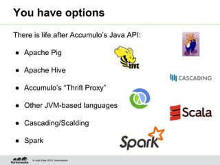 © Josh Elser 2015, Hortonworks
You have options
There is life after Accumulo’s Java API:
● Apache Pig
● Apache Hive
● Accumulo’s “Thrift Proxy”
● Other JVM-based languages
● Cascading/Scalding
● Spark
 