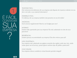 É FÁCIL
TELEFONE FÁCIL:
ENDEREÇO FÁCIL:
ANÚNCIOS:
INTERNET:
REFERÊNCIAS:
LISTA TELEFÔNICA:
CHAT ONLINE:
FALE CONOSCO:
O(s) número(s) de telefone(s) de sua empresa está disposto de maneira evidente no site e em
todo o seu material informativo?
O endereço de sua empresa também está presente em seu kit mídia?
Você anuncia regularmente? Reserva um budget para isso?
Existem links apontando para sua empresa? Ela está cadastrada nos sites de seus parceiros?
Existem pessoas recomendando sua empresa? Elas têm motivos para tanto?
Sua empresa está cadastrada nas páginas amarelas das regiões onde atua? (Sim, ainda
existe quem use o serviço. Jamais ignore um tipo de público potencial.)
Sua empresa oferece assistência virtual durante período integral?
Existe algum endereço eletrônico reservado para atender seu púbico?
CONTATAR
SUAEMPRESA
1
?
As 20 LEIS do Atendimento ao Cliente 76
 