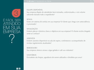 É FÁCIL SER
EQUIPE DISPONÍVEL
SENHA
SINALIZAÇÃO
ASSENTOS
BEBEDOURO
SANITÁRIOS
Sua empresa dispõe de atendentes bem treinados, uniformizados, e em volume suficiente durante todo o expediente?
Existe um sistema de senhas em sua empresa? O cliente que chega com antecedência é priorizado?
Existem placas e letreiros claros e objetivos em sua empresa? O cliente recém-chegado sente-se confuso?
Existem assentos disponíveis na sala de espera, confortáveis e acompanhados de revistas regularmente atualizadas?
Sua empresa oferece acesso a água gelada e café aos visitantes?
Os toaletes são divididos por sexo e higienizados com frequência?
ATENDIDO
EM SUA
EMPRESA
3
?
As 20 LEIS do Atendimento ao Cliente 78
 