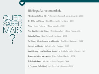 Bibliografia recomendada:
Atendimento Nota 10 | Performance Research assoc. Sextante - 2008
De Olho no Cliente | David Freemantle - Sextante - 2004
Nuts | Kevin Freiberg - Editora Manole - 2000
Nos Bastidores da Disney | Tom Connellan - Editora Futura - 2004
Criando Magia | Lee Cockerell - Sextante - 2008
Se Disney Administrasse seu Hospital | Fred Lee - Bookman - 2004
Serviço ao Cliente | Karl Albrecht - Campus - 2002
Walt Disney - Um Século de Sonho | V. II - Ginha Nader - Senac - 2001
Empresas Feitas para Vencer | Jim Collins - Elsevier - 2002
Tolerância Zero | Michael Levine - Campus - 2006
A Pergunta Definitiva | Fred Reichheld - Campus - 2006
QUER
SABER
MAIS
?
As 20 LEIS do Atendimento ao Cliente 62
 