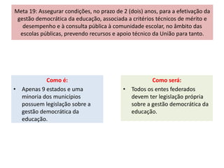 Meta 19: Assegurar condições, no prazo de 2 (dois) anos, para a efetivação da
gestão democrática da educação, associada a critérios técnicos de mérito e
desempenho e à consulta pública à comunidade escolar, no âmbito das
escolas públicas, prevendo recursos e apoio técnico da União para tanto.
Como é:
• Apenas 9 estados e uma
minoria dos municípios
possuem legislação sobre a
gestão democrática da
educação.
Como será:
• Todos os entes federados
devem ter legislação própria
sobre a gestão democrática da
educação.
 