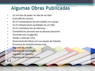 • 21 minutos de poder na vida de um líder
• A jornada do sucesso
• As 17 incontestáveis leis do trabalho em equipe
• As 21 indispensáveis qualidades de um líder
• As 21 irrefutáveis leis da liderança
• Competências pessoais que as pessoas procuram
• Correndo com os gigantes
• Dando a volta por cima
• Desenvolvendo líderes em sua equipe de trabalho
• O sucesso de amanhã começa hoje
• Segredos da atitude
• Segredos da capacitação
• Segredos da liderança
• Segredos do relacionamento
[...]
 