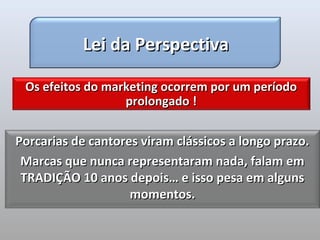 Lei da Perspectiva

 Os efeitos do marketing ocorrem por um período
                  prolongado !


Porcarias de cantores viram clássicos a longo prazo.
 Marcas que nunca representaram nada, falam em
 TRADIÇÃO 10 anos depois… e isso pesa em alguns
                    momentos.
 
