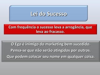 Lei do Sucesso

Com frequência o sucesso leva a arrogância, que
              leva ao fracasso.


  O Ego é inimigo do marketing bem sucedido.
 Pensa-se que não serão atingidos por outros.
Que podem colocar seu nome em qualquer coisa.
 